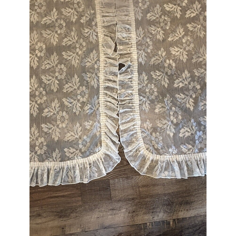 Vtg Ivory Floral Lace Curtain Ruffled Edges Attached Valance 58x84 Cottage Core - Picture 11 of 16